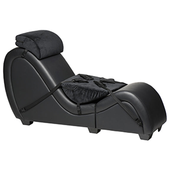 The Kinky Couch Bondage Detachable Sex Chaise in Black with both support pillows on top and four restraints set up to use with the furniture. | Kinkly Shop
