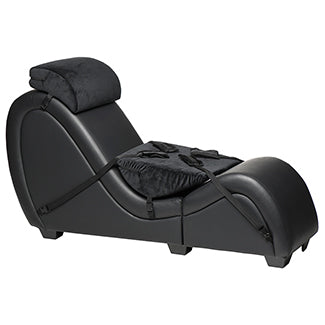 The Kinky Couch Bondage Detachable Sex Chaise in Black with both support pillows on top and four restraints set up to use with the furniture. | Kinkly Shop