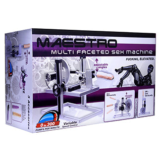 Packaging for the Maestro Multi-Faceted Sex Machine. This retail box will come inside an additional, plain brown cardboard box for discreet shipping. | Kinkly Shop