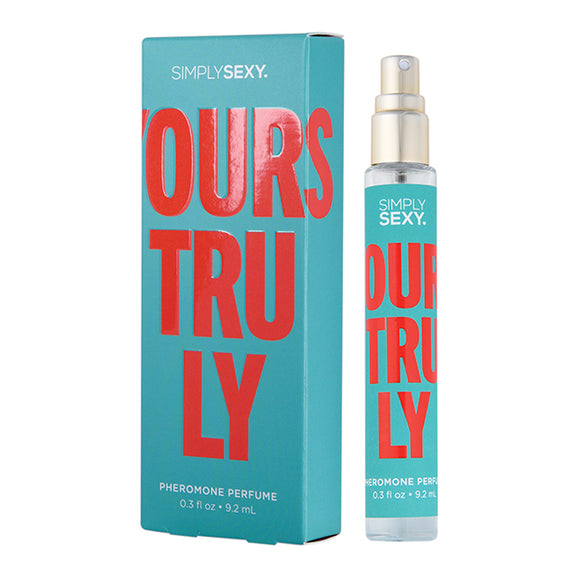 Simply Sexy Pheromone Perfume bottle shown next to the cardboard box that it comes in. The perfume is in a very tall, thin spritz bottle. It's 0.3oz in size. | Kinkly Shop
