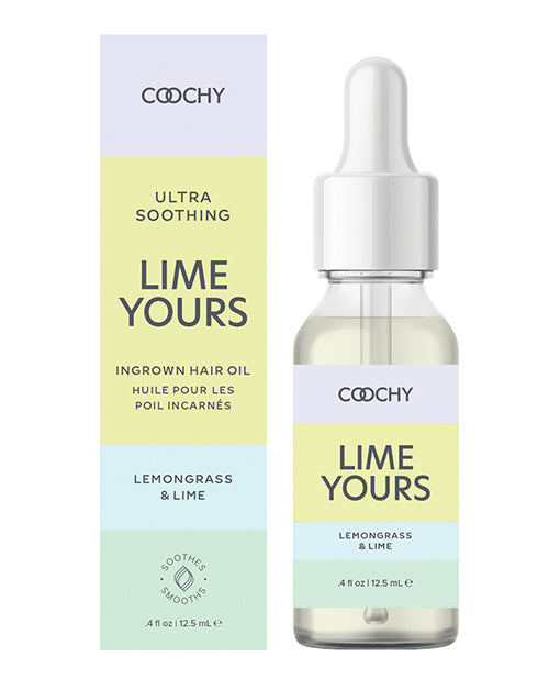 The dropper bottle of the Coochy Ultra Soothing Ingrown Hair Oil shown next to the cardboard box that it comes in. | Kinkly Shop