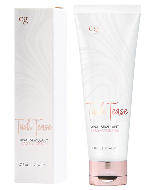 The CG Tush Tease Anal Stimulant tube shown next to the cardboard box it comes in | Kinkly Shop