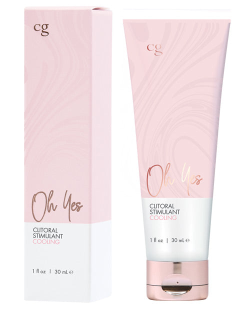 Tube of the CG Oh Yes Clitoral Cooling Serum shown next to the cardboard box that it comes in | Kinkly Shop