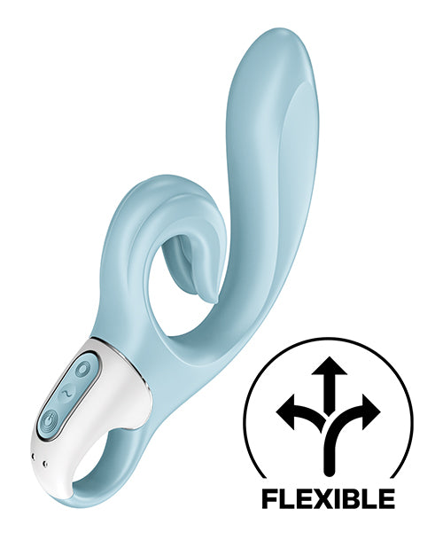 The Satisfyer Love Me in Blue. An icon in the corner states "Flexible" to showcase the flexible design of the toy. | Kinkly Shop