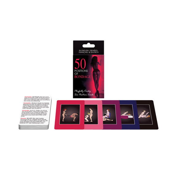 The 50 Positions of Bondage packaging shown behind a spread of an example of the cards included within the game. | Kinkly Shop