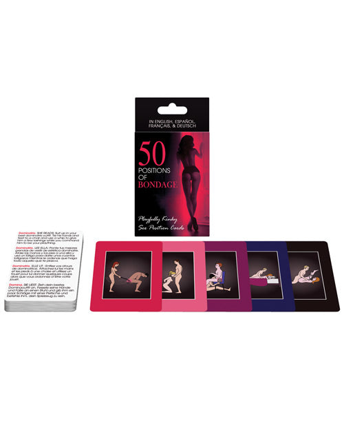 The 50 Positions of Bondage packaging shown behind a spread of an example of the cards included within the game. | Kinkly Shop