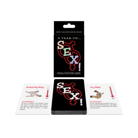 Packaging for the Sex! A Year of... shown next to two example cards from the game. | Kinkly Shop