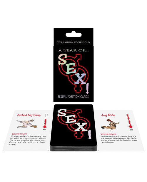 Packaging for the Sex! A Year of... shown next to two example cards from the game. | Kinkly Shop