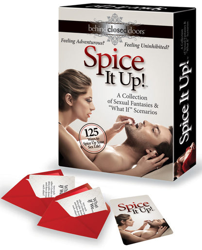 Packaging for the Spice it Up shown behind a few of the envelopes and cards that are included within the game. | Kinkly Shop