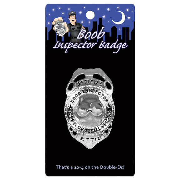 The Boob Inspector Badge in its packaging | Kinkly Shop