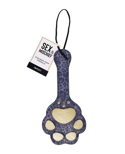 The Sportsheets Cougar Paw Paddle in its packaging. It simply has a cardboard tag that wraps around the wrist strap. | Kinkly Shop