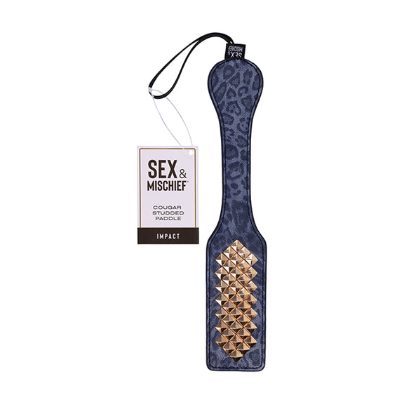 Packaging for the Sportsheets Cougar Studded Paddle includes a simple cardboard tag attached with a plastic loop in the hanging strap. It is minimal packaging. | Kinkly Shop