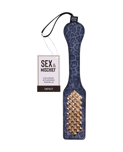 Packaging for the Sportsheets Cougar Studded Paddle includes a simple cardboard tag attached with a plastic loop in the hanging strap. It is minimal packaging. | Kinkly Shop
