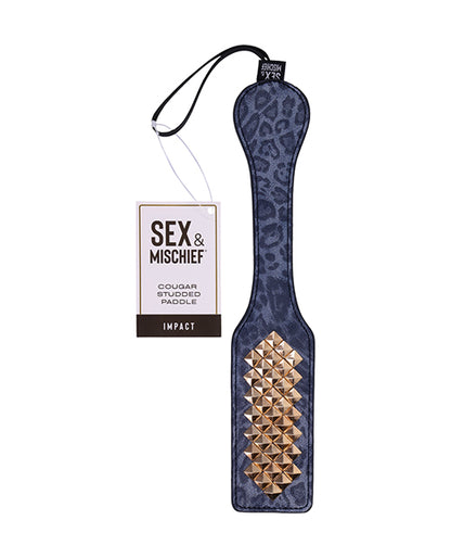 Packaging for the Sportsheets Cougar Studded Paddle includes a simple cardboard tag attached with a plastic loop in the hanging strap. It is minimal packaging. | Kinkly Shop