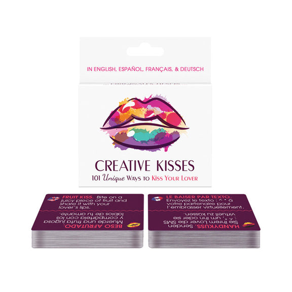 Packaging for the Creative Kisses game shown next to a few example cards | Kinkly Shop