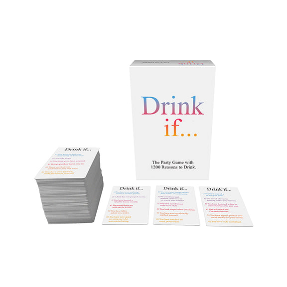 The included cards shown stacked in front of the Drink If packaging. There are a lot of cards, and they look very colorful. | Kinkly Shop