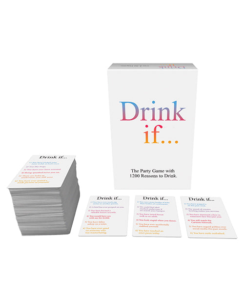 The included cards shown stacked in front of the Drink If packaging. There are a lot of cards, and they look very colorful. | Kinkly Shop