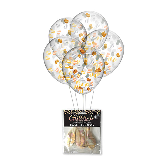 The blown up Glitterati Boobie Confetti Balloons shown next to the packaging the uninflated balloons come in. | Kinkly Shop