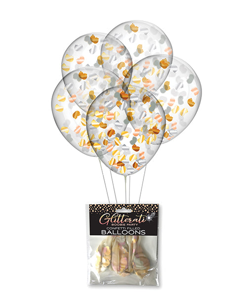 The blown up Glitterati Boobie Confetti Balloons shown next to the packaging the uninflated balloons come in. | Kinkly Shop