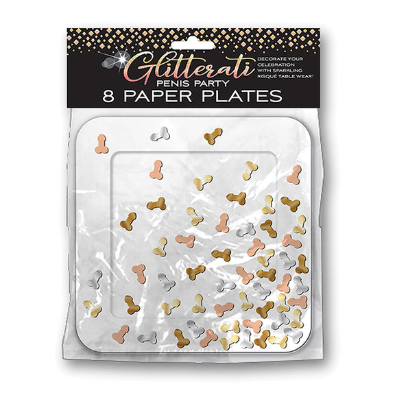 Glitterati Penis Party Plates inside of their packaging. | Kinkly Shop