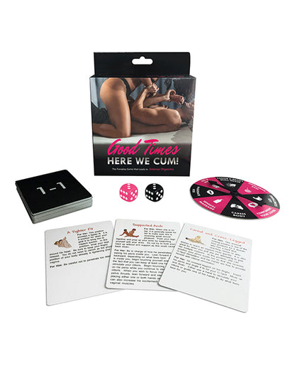 The packaging for the Good Times Here We Cum! with the play items for the game laid out around the board game. There's cards, the die, the spinner, and more. | Kinkly Shop