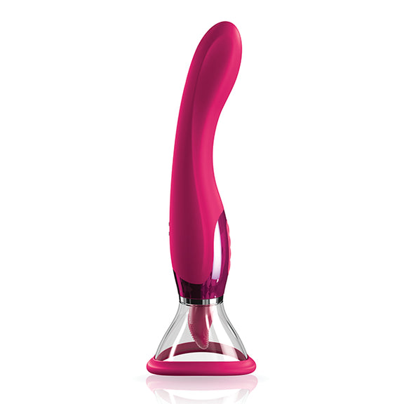 The JimmyJane Apex shown in front of a plain white background. The sex toy has a suction cup at the tip of it with a smooth, curved shaft handle that also functions as an insertable vibrator. | Kinkly Shop
