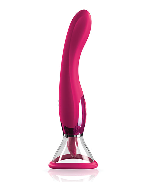 The JimmyJane Apex shown in front of a plain white background. The sex toy has a suction cup at the tip of it with a smooth, curved shaft handle that also functions as an insertable vibrator. | Kinkly Shop
