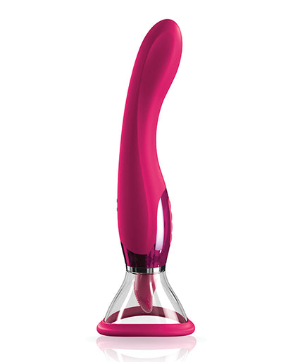 The JimmyJane Apex shown in front of a plain white background. The sex toy has a suction cup at the tip of it with a smooth, curved shaft handle that also functions as an insertable vibrator. | Kinkly Shop