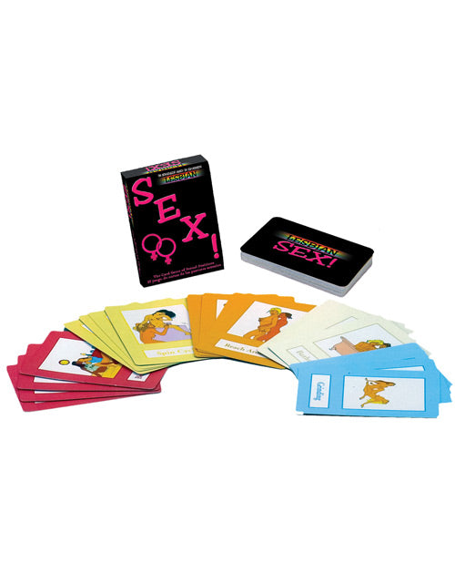 Packaging for the Lesbian Sex (Bilingual) with some of the cards spread out in front of it. The cards have illustrations and are in different colors. | Kinkly Shop