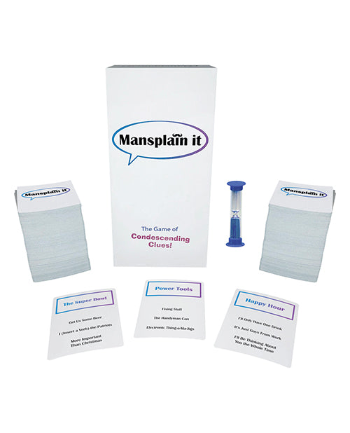 Everything included with the Mansplain It game. There's all of the cards shown next to a timer. | Kinkly Shop