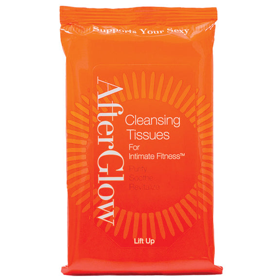 The resealable bag of 12 Afterglow Cleansing Tissues - Pack of 20. It's one packet with an adhesive-front panel that allows you to reseal the bag. | Kinkly Shop