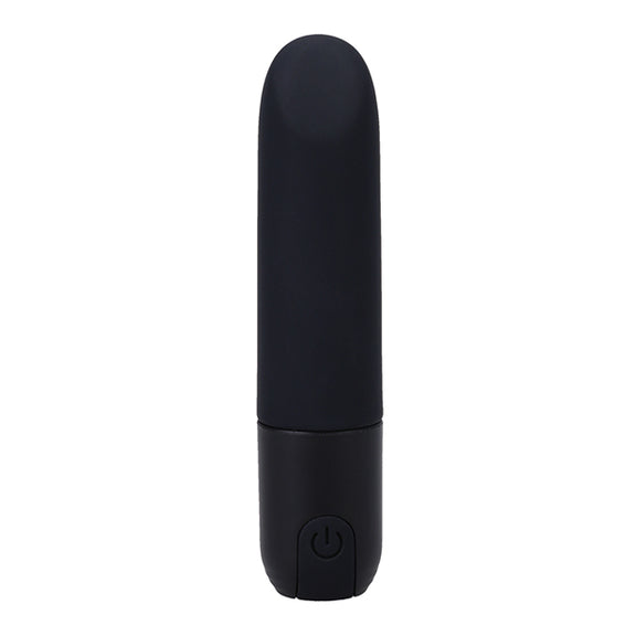 Side view of the In A Bag Bullet Vibe. It's a plain black bullet with a power button at the base of the toy. | Kinkly Shop