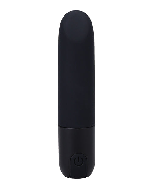 Side view of the In A Bag Bullet Vibe. It's a plain black bullet with a power button at the base of the toy. | Kinkly Shop