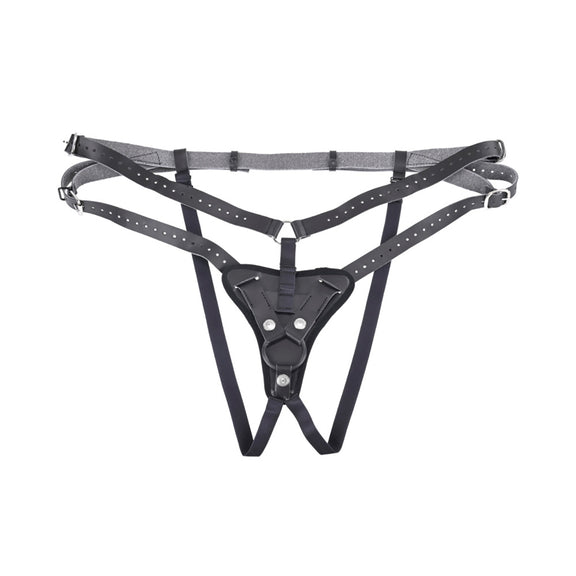 The Sportsheets Aurora High Waisted Harness in front of a plain white background. It has two hip straps that wrap around the hip for a high-waisted design. | Kinkly Shop