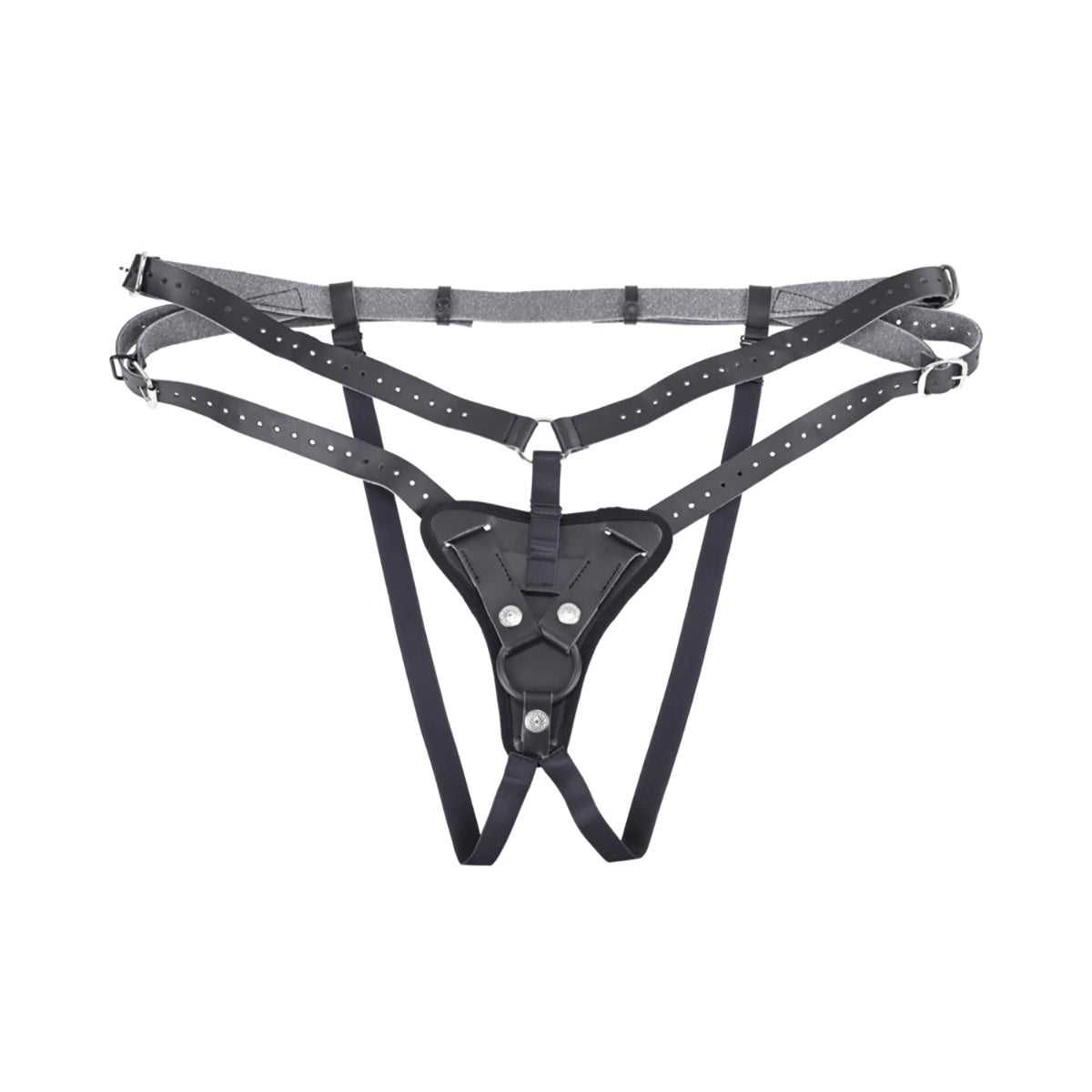 The Sportsheets Aurora High Waisted Harness in front of a plain white background. It has two hip straps that wrap around the hip for a high-waisted design. | Kinkly Shop