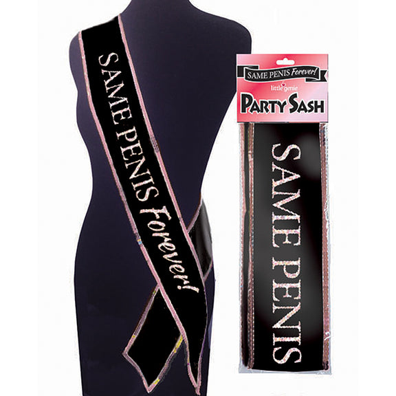 The Same Penis Forever Sash being worn on a mannequin. It has a black background with a pink edge and the text "same penis forever" in pink. | Kinkly Shop