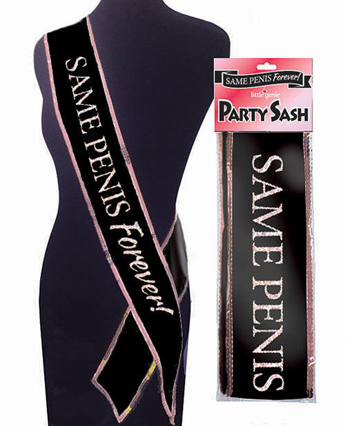 The Same Penis Forever Sash being worn on a mannequin. It has a black background with a pink edge and the text "same penis forever" in pink. | Kinkly Shop