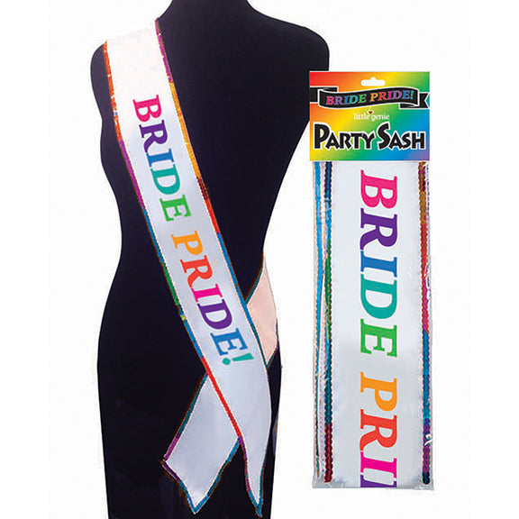 The Bride Pride Sash being worn on a mannequin. It is a white sash with rainbow edging and rainbow text that reads "Bride pride!" | Kinkly Shop