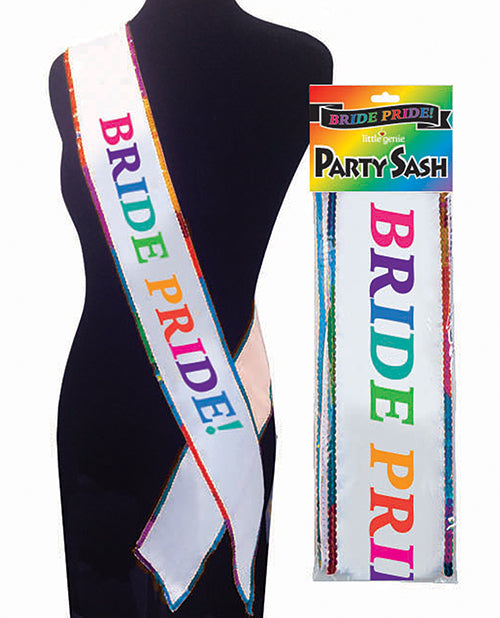 The Bride Pride Sash being worn on a mannequin. It is a white sash with rainbow edging and rainbow text that reads "Bride pride!" | Kinkly Shop