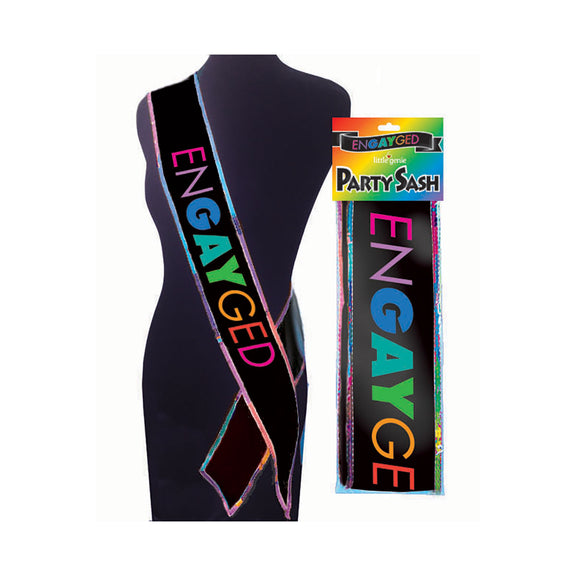 EnGAYged Sash on a mannequin next to the packaging it comes in | Kinkly Shop