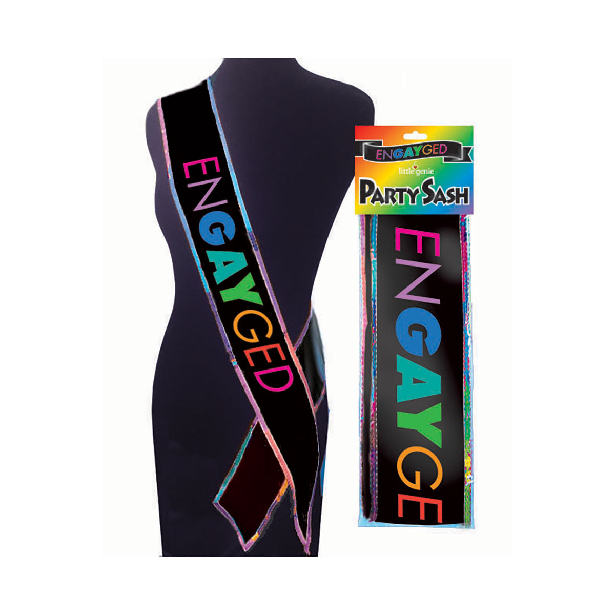 EnGAYged Sash on a mannequin next to the packaging it comes in | Kinkly Shop