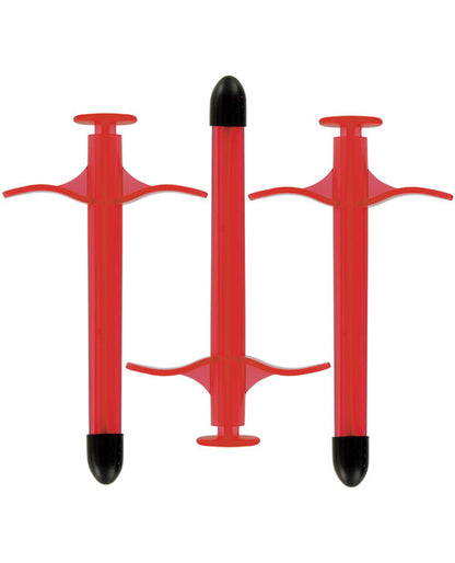 Three red Kinklab Lube Shooters in front of a plain white background. They're a vibrant, fire engine red. | Kinkly Shop