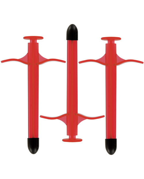 Three red Kinklab Lube Shooters in front of a plain white background. They're a vibrant, fire engine red. | Kinkly Shop
