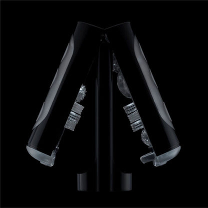 The Tenga Flip Hole in black spread open, resting on top of its drying stand, showcasing how the entire interior has access to air flow, drying the stroker much faster. | Kinkly Shop