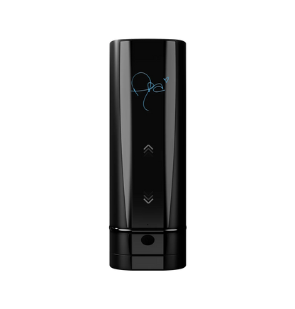Close-up of the Asa Akira Onyx+ FeelPornStar Experience stroker. It has Asa's signature on the front of the panel of it. | Kinkly Shop