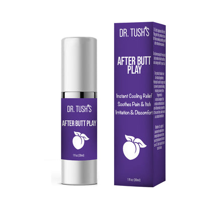 A bottle of the Dr. Tush's After Butt Play shown next to the cardboard box that it comes in. | Kinkly Shop