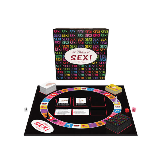 The A Lifetime of SEX! board game and its set up shown in front of the cardboard box packaging it comes in | Kinkly Shop