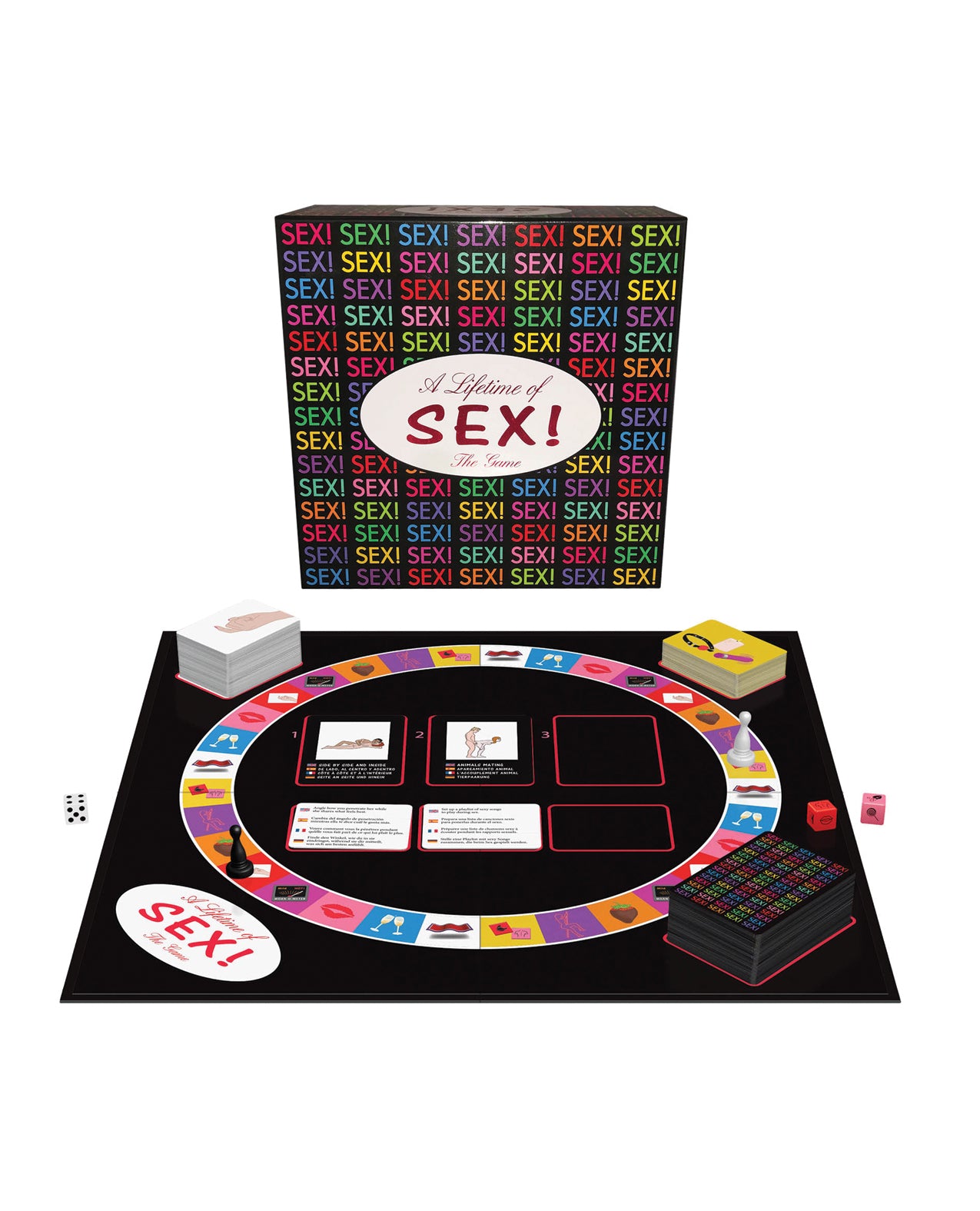 The A Lifetime of SEX! board game and its set up shown in front of the cardboard box packaging it comes in | Kinkly Shop