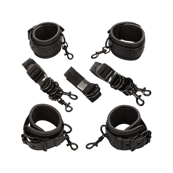 Everything included with the Nocturnal Collection Adjustable Bed Restraints laid out flat on a surface | Kinkly Shop