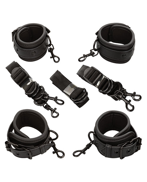 Everything included with the Nocturnal Collection Adjustable Bed Restraints laid out flat on a surface | Kinkly Shop